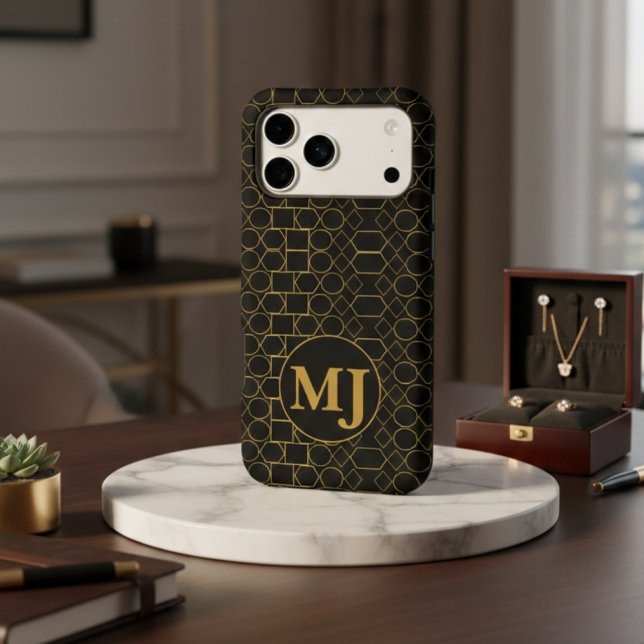 Custom Monogram Elegant Black & Gold Geometric Art iPhone Case (Creator Uploaded)
