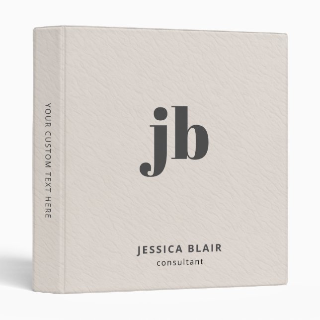 Custom Monogram Elegant Ivory Leather Print 3 Ring Binder (Front/Spine)