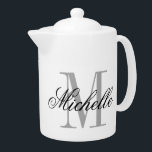 Custom monogram elegant medium size tea pot<br><div class="desc">Custom monogram elegant medium size tea pot with lid. Chic gift idea for friends and family who love drinking tea. Stylish script typography design. Also great for the office. Small size available too. Sizes: 11 and 44 ounce.</div>