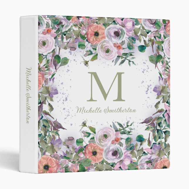 Custom Monogram Elegant Purple Floral  3 Ring Binder (Front/Spine)