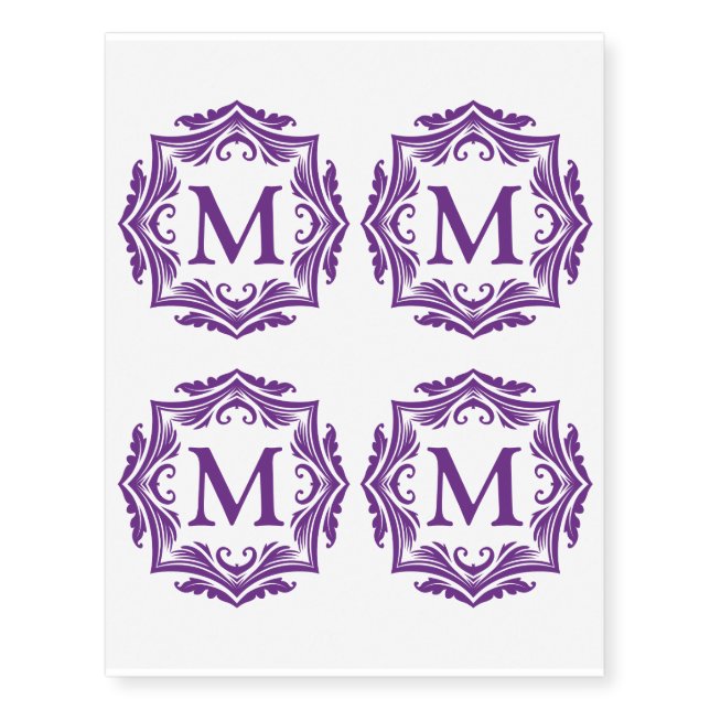 Custom Monogram Elegant Purple Letter M Temporary Tattoos (Front)
