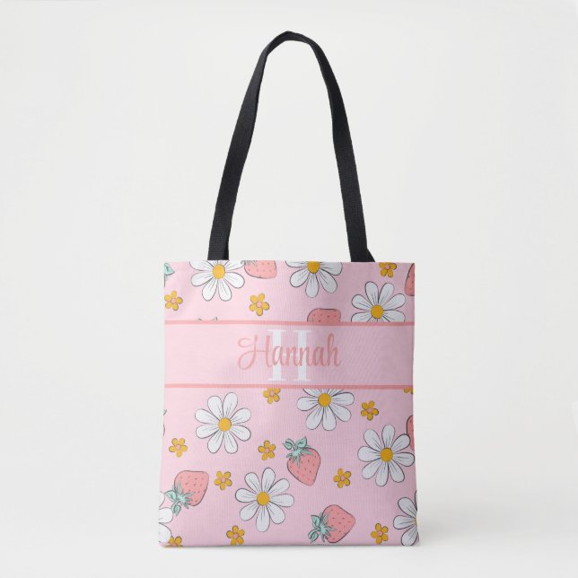 Custom Monogram Elegant Strawberry Daisy Pink  Tote Bag (Front)