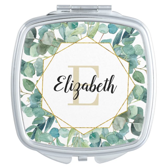 Custom Monogram Eucalyptus Gold Bridesmaid Favor Compact Mirror (Front)