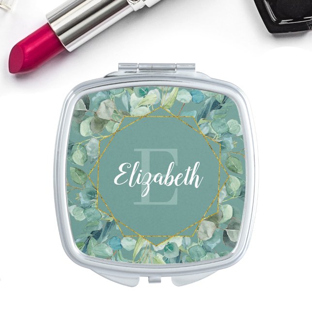 Custom Monogram Eucalyptus Gold Bridesmaid Favour Compact Mirror (Creator Uploaded)
