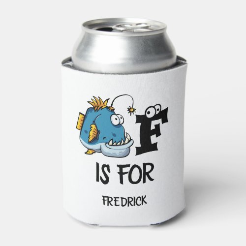 Custom monogram F is for Fish cartoon illustration Can Cooler