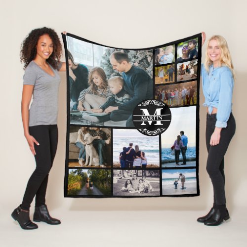 Custom Monogram Family 12 Photo Collage Fleece Blanket