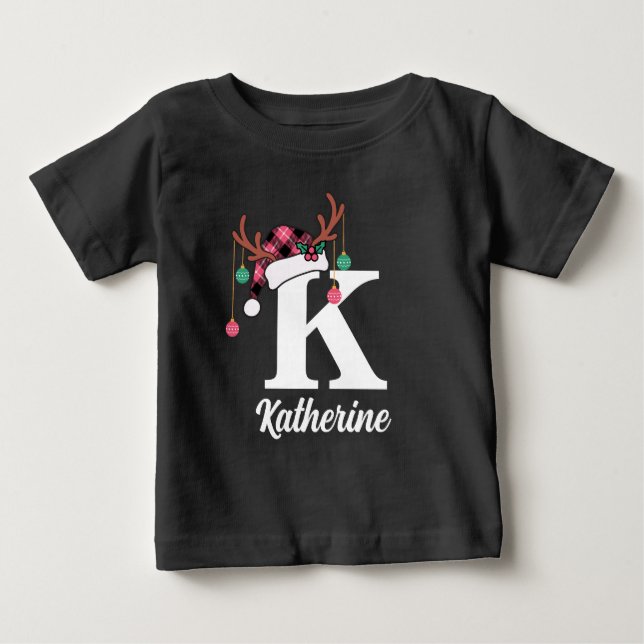 Custom Monogram Family Christmas Plaid Santa Hat Baby T-Shirt (Front)