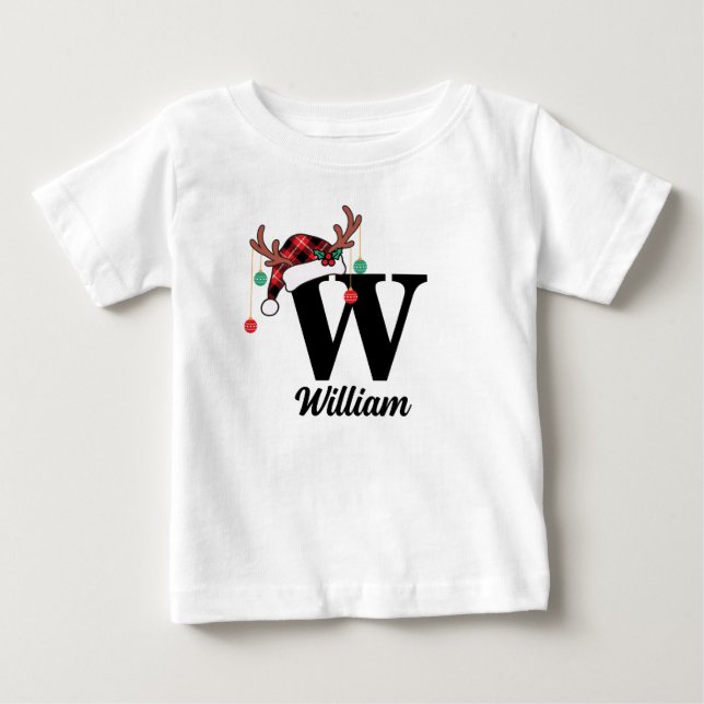 Custom Monogram Family Christmas Plaid Santa Hat Baby T-Shirt (Front)