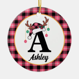 Custom Monogram Family Christmas Plaid Santa Hat Ceramic Ornament