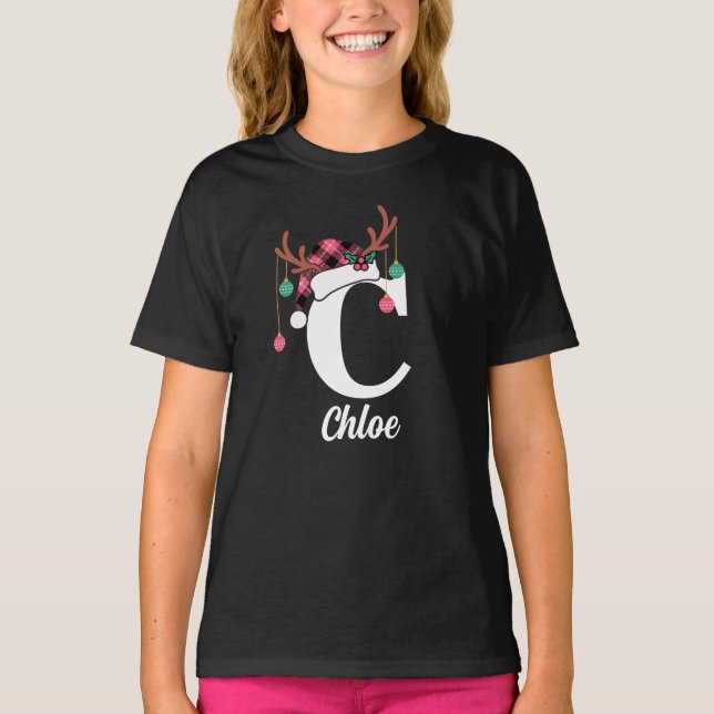 Custom Monogram Family Christmas Plaid Santa Hat T-Shirt (Front)