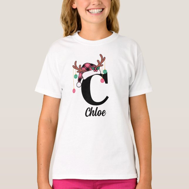 Custom Monogram Family Christmas Plaid Santa Hat T-Shirt (Front)