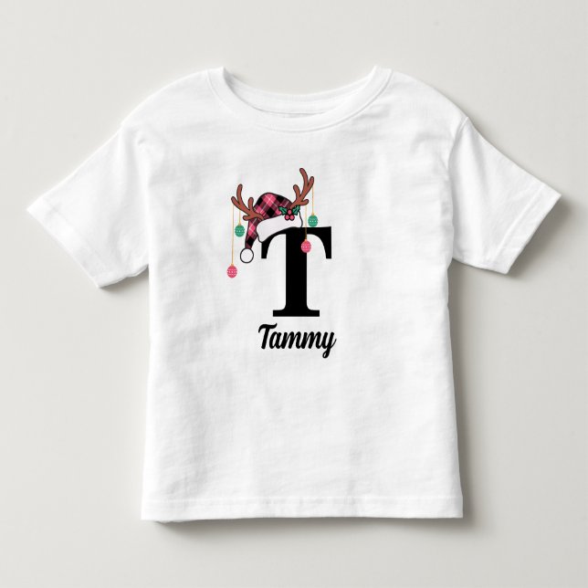 Custom Monogram Family Christmas Plaid Santa Hat Toddler T-shirt (Front)