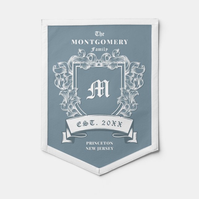 Custom Monogram Family Crest Coat Of Arms Blue Pennant (Front)