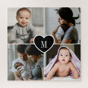 Custom Monogram Family Photo Collage Black Heart Jigsaw Puzzle