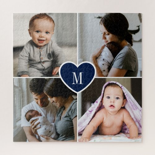 Custom Monogram Family Photo Collage Blue Heart Jigsaw Puzzle