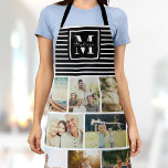 Custom Monogram Family Photo Collage Chic Black Apron<br><div class="desc">Perfect gift for Mother's Day,  Birthday,  or the Holidays: A modern apron customized with ten of your personal favorite photos as well as a custom monogram and name in chic script typography. This is the black and white striped version.</div>