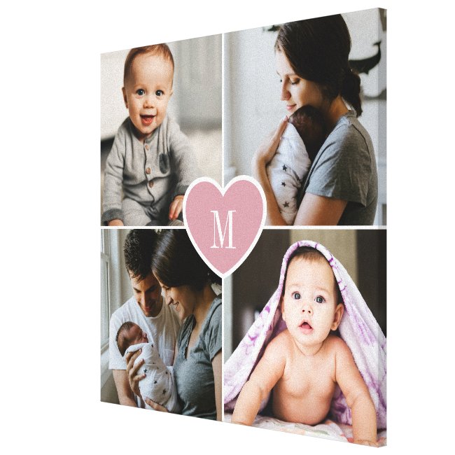 Custom Monogram Family Photo Collage Pink Heart Canvas Print