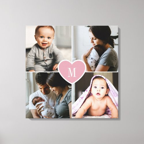 Custom Monogram Family Photo Collage Pink Heart Canvas Print