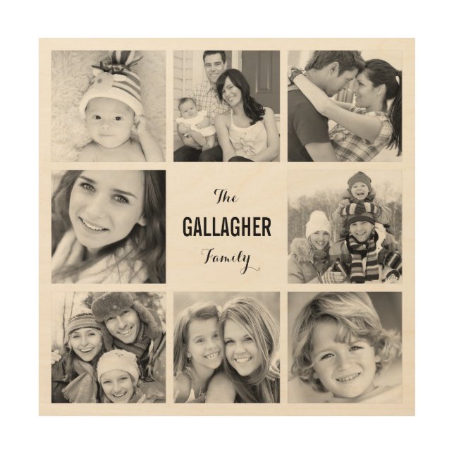 Custom Monogram Family Photo Collage Print on Wood (Front)