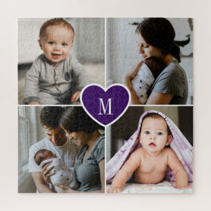 Custom Monogram Family Photo Collage Purple Heart Jigsaw Puzzle