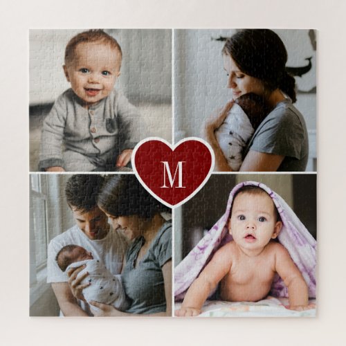 Custom Monogram Family Photo Collage Red Heart Jigsaw Puzzle