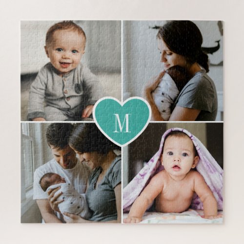 Custom Monogram Family Photo Collage Teal Heart Jigsaw Puzzle