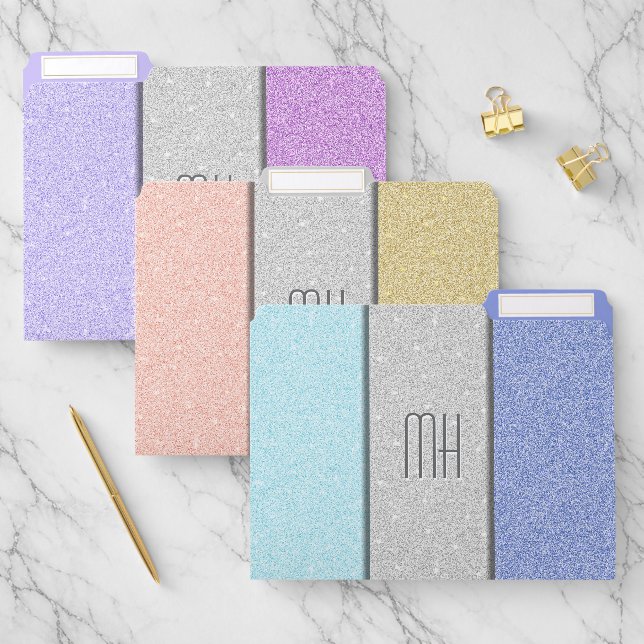 Custom Monogram Faux Glitter Bling file folder set (Set)