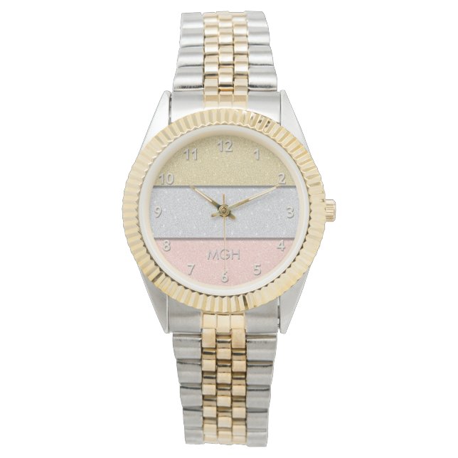 Custom Monogram Faux Glitter Bling Watch (Front)