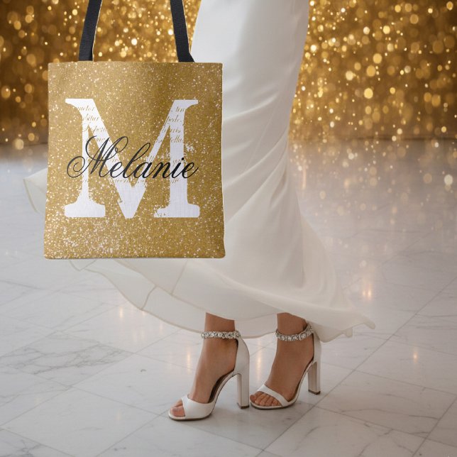 Custom monogram faux gold glitter print tote bags (golden tote bag with monogram)