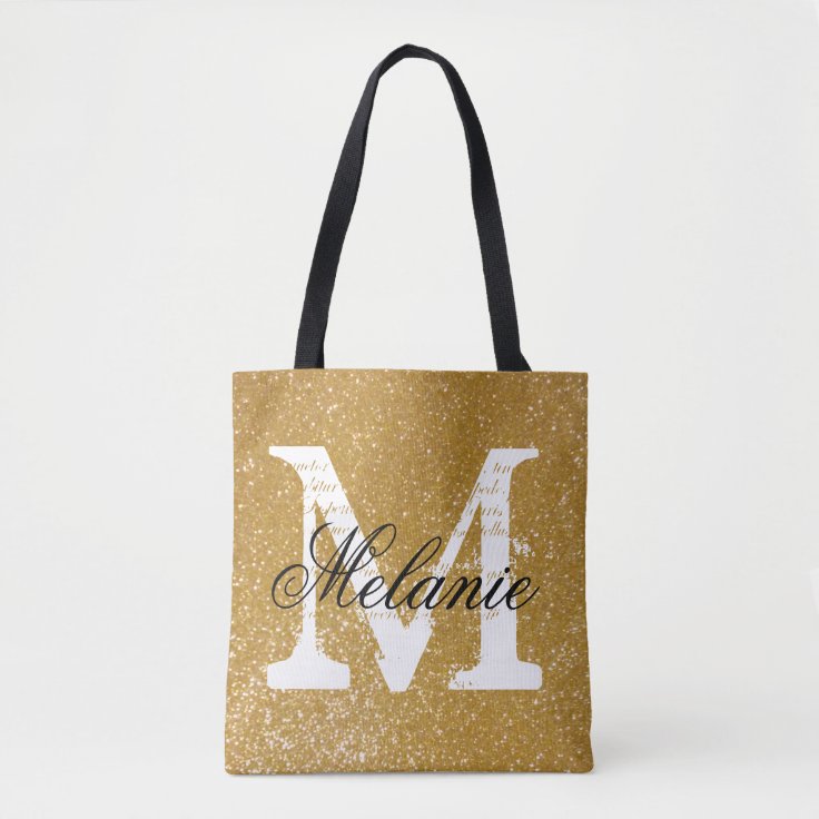 Custom monogram faux gold glitter print tote bags | Zazzle