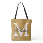 Custom monogram faux gold glitter print tote bags