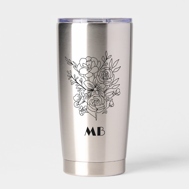 Custom monogram floral black simple insulated tumbler (Front)