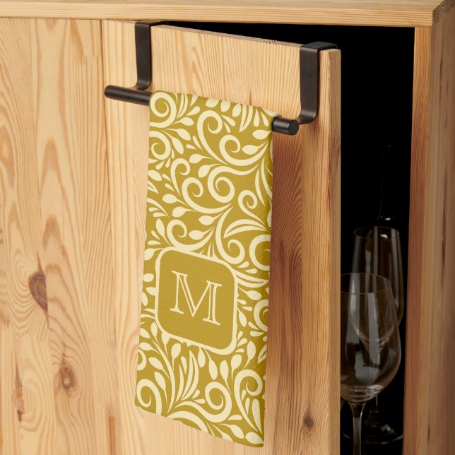 Custom Monogram Floral Leaf Pattern Kitchen Towel (Thirds Fold)