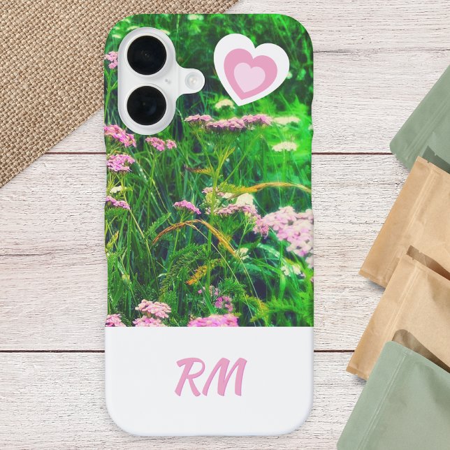 Custom Monogram Floral Meadow Pink White iPhone Case (A phone case with monogram initials in pink on white, flowers and grass photo and cute hearts)