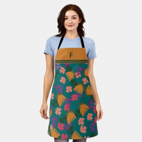 Custom monogram floral modern green woman apron
