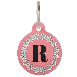 Custom monogram floral pet name tag for dog & cat