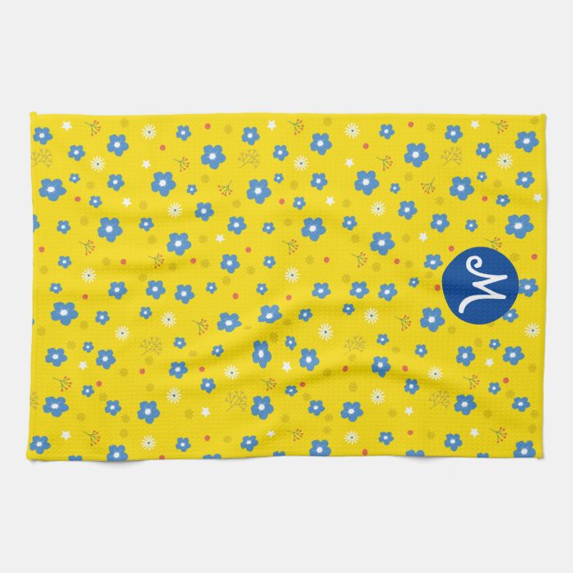 Custom Monogram Floral Print  Kitchen Towel (Horizontal)