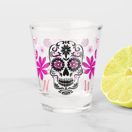 Custom Monogram Floral Sugar Skull Shot Glass
