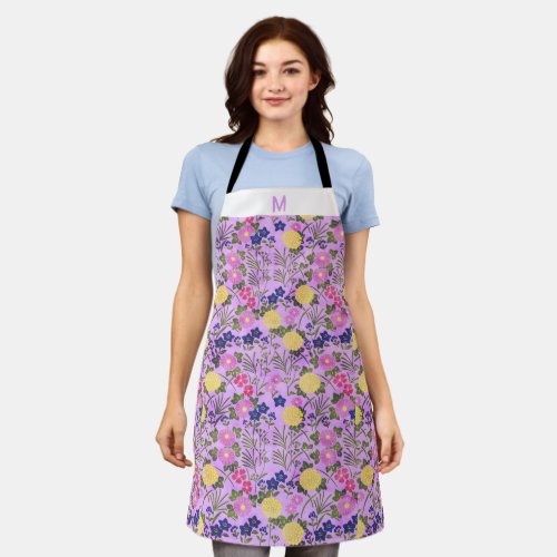 Custom monogram floral trendy cute violet apron