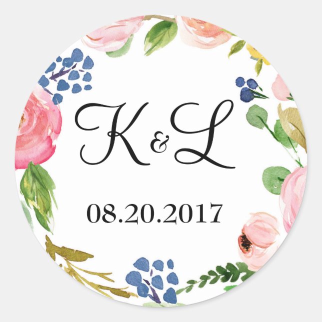 Custom Monogram Floral Wedding Round Sticker Favor (Front)