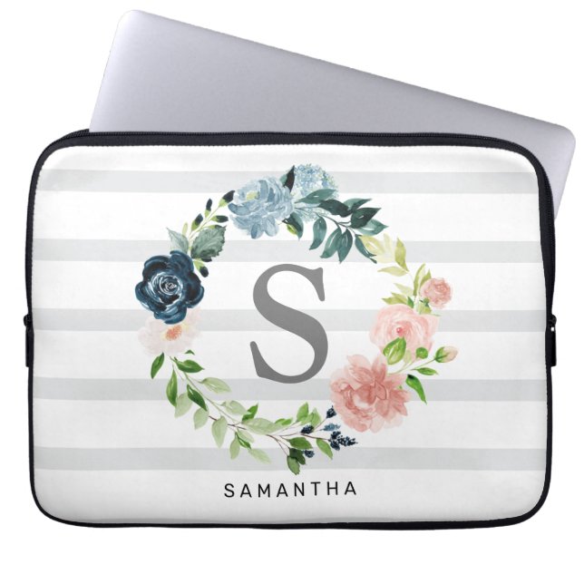 Custom Monogram Floral Wreath Gray Background Laptop Sleeve (Front)