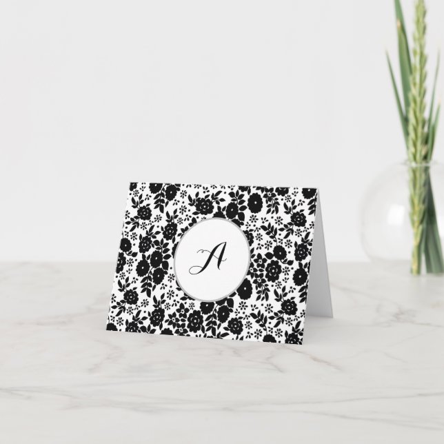 Custom Monogram Flower Pattern Black and White Letterpress Thank You Card (Front)