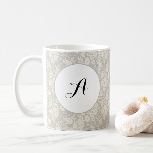 Custom Monogram Flower Pattern Gray Coffee Mug (With Donut)
