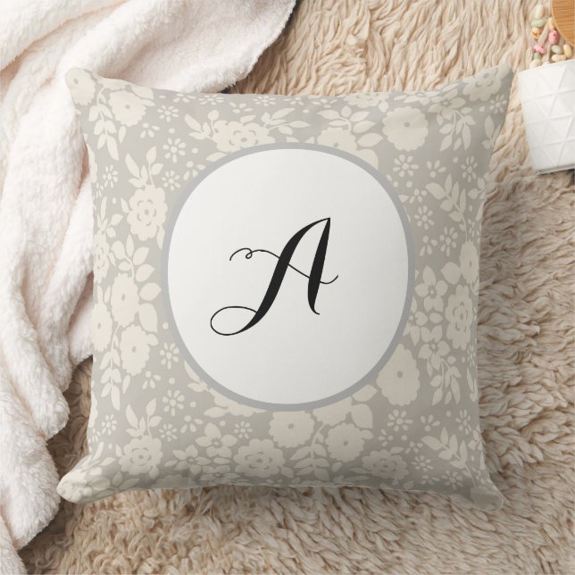 Custom Monogram Flower Pattern Gray Throw Pillow (Blanket)