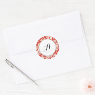 Custom Monogram Flower Pattern Red Classic Round Sticker