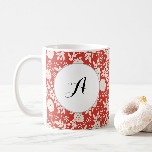 Custom Monogram Flower Pattern Red Coffee Mug (With Donut)
