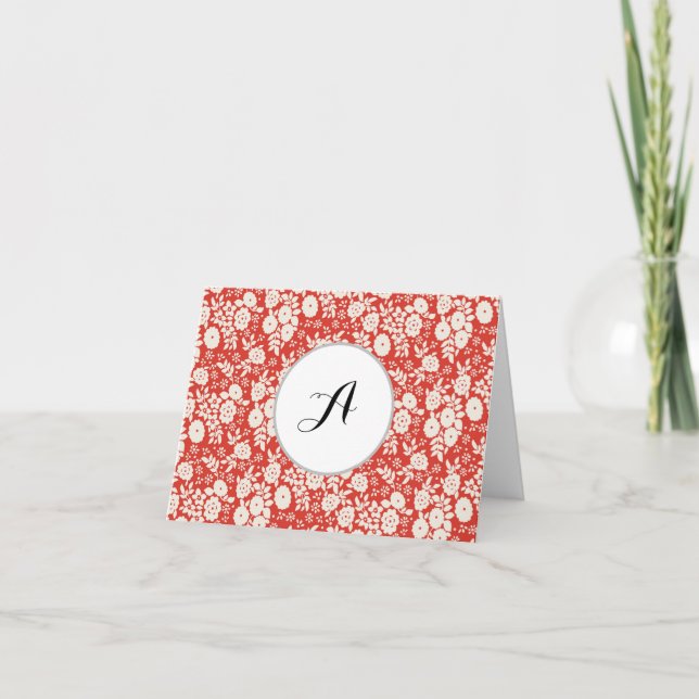 Custom Monogram Flower Pattern Red Letterpress Thank You Card (Front)