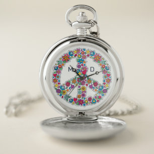 Custom Monogram Flower Peace Sign Pocket Watch
