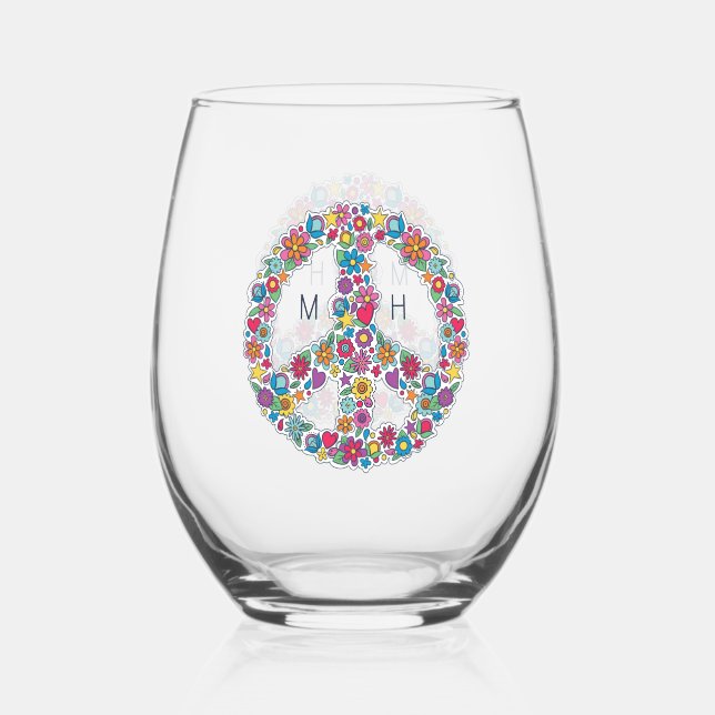 Custom Monogram Flower Peace Sign Stemless Wine Glass (Front)