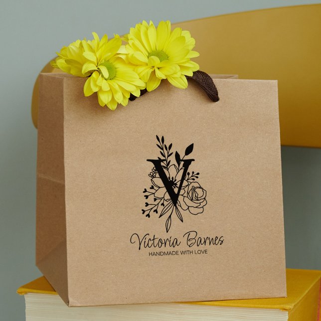 Custom Monogram Flowers Handmade Business  Rubber Stamp (Creator Uploaded)